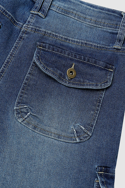 Flap Pocket Roll Hem Denim Bermuda Shorts Without Belt