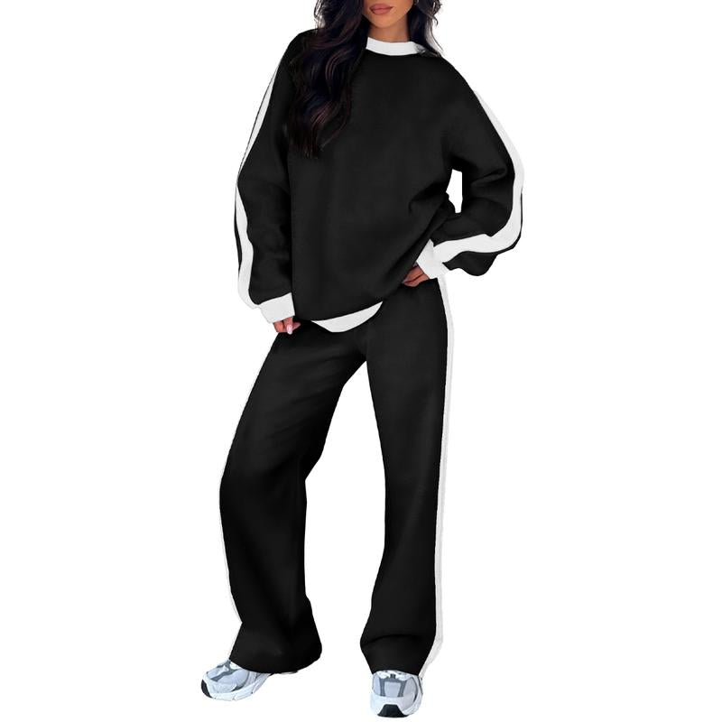 Women's 2-Piece Thermal Fleece Blend Gym Set - Crewneck Drop Shoulder Sweatshirt