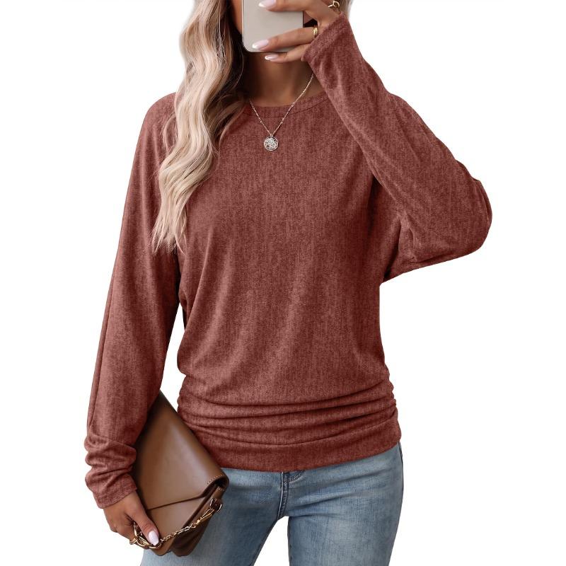 Womens Long Sleeve Shirts Ruched Hem Fall Tops Lightweight Sweaters