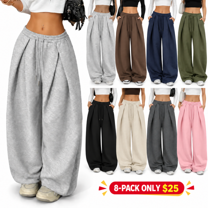 Women Elastic Waist Cuffed Jogger Pants, High Waist Baggy Wide Leg Sweatpants With Drawstring Ankle