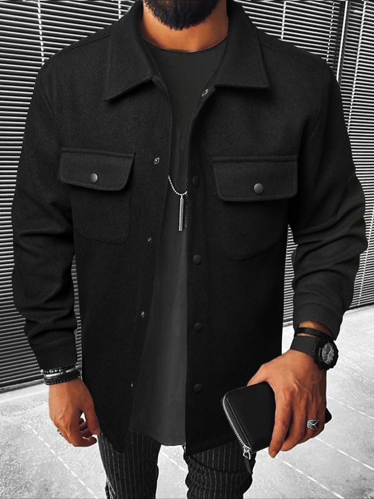 Men's Button Front Pocket Jacket, Casual Collared Long Sleeve Outerwear for Fall & Winter