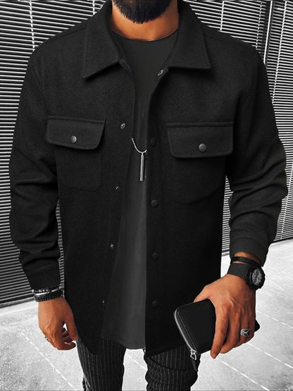 Men's Button Front Pocket Jacket, Casual Collared Long Sleeve Outerwear for Fall & Winter