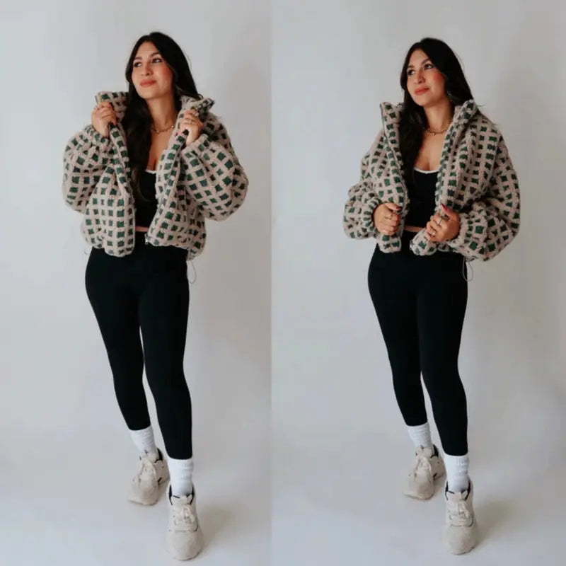 Women Winter Fleece Jacket Plaid Fleece Warm Coat Long-sleeve Zippered Sherpa Jacket with Pockets