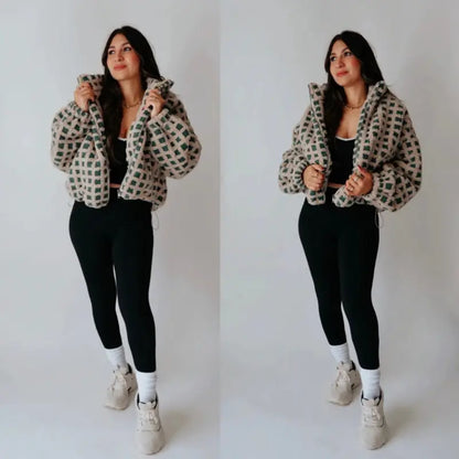 Women Winter Fleece Jacket Plaid Fleece Warm Coat Long-sleeve Zippered Sherpa Jacket with Pockets