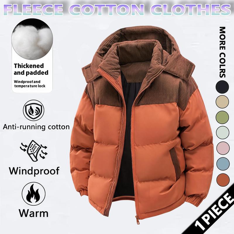 Men's Winter Coat Hooded Fleece Lined Color Block Jacket，Removable Hood, Windproof Padding
