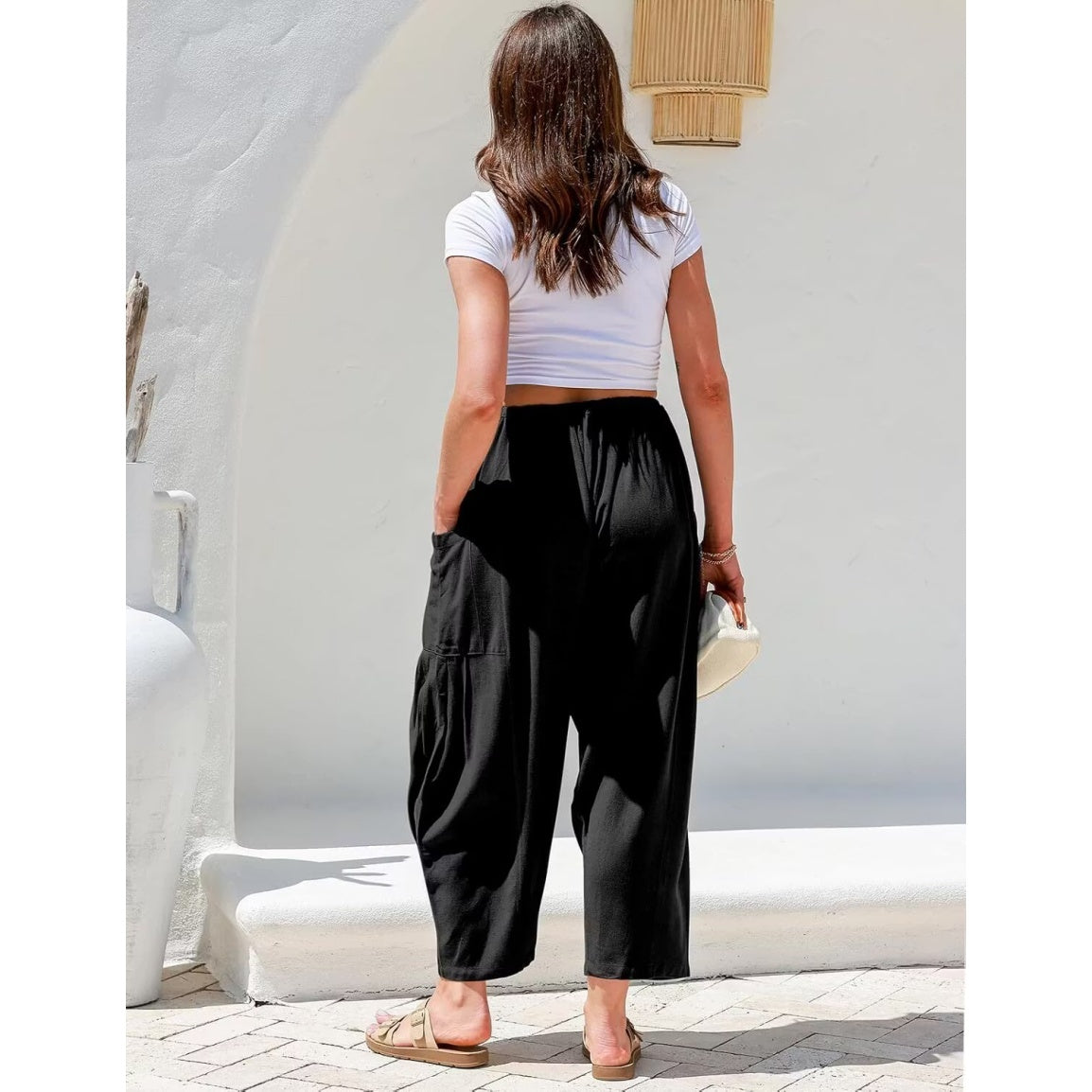 Womens Linen Wide Leg Pants Casual Loose Drawstring Low Waist Beach Palazzo Harem Pants with Pockets