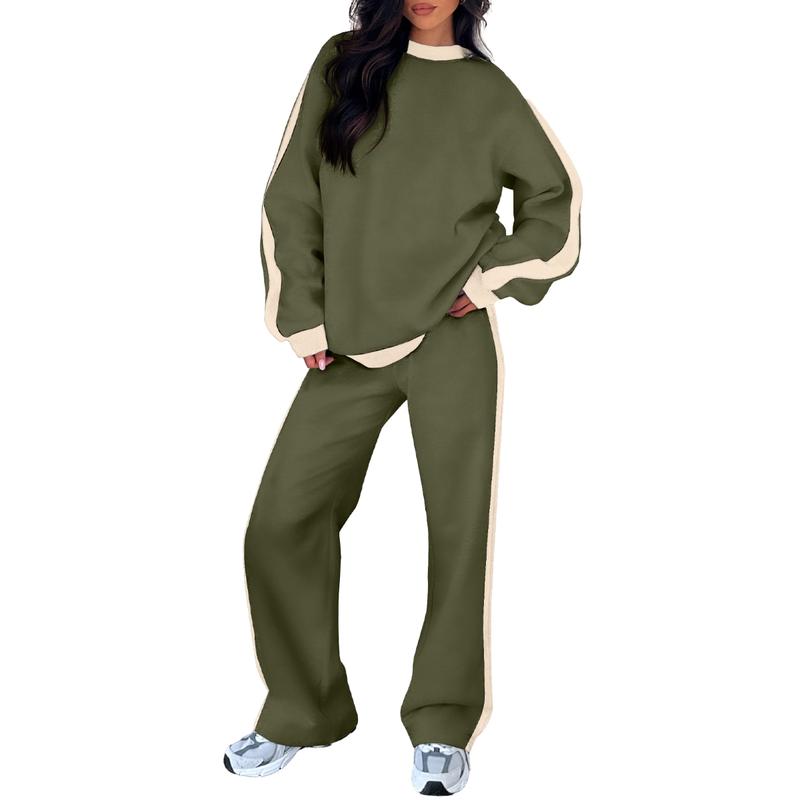 Women's 2-Piece Thermal Fleece Blend Gym Set - Crewneck Drop Shoulder Sweatshirt