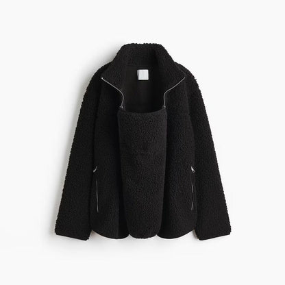 Women's 2-in-1 Hip-Length Casual Sports Outerwear Coat, Soft Teddy Fleece Long-Sleeve Zippered Top with Pocket