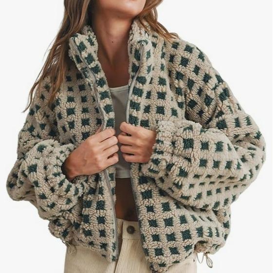 Women Winter Fleece Jacket Plaid Fleece Warm Coat Long-sleeve Zippered Sherpa Jacket with Pockets