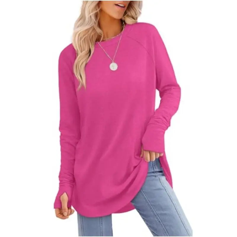 Women's Casual Long Sleeve Tops Crew Neck Round Hem Loose T-Shirts Tunic Tops with Thumb Holes