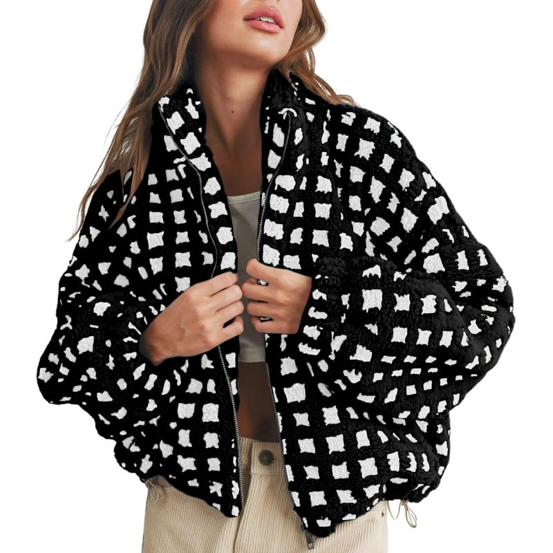 Women Winter Fleece Jacket Plaid Fleece Warm Coat Long-sleeve Zippered Sherpa Jacket with Pockets