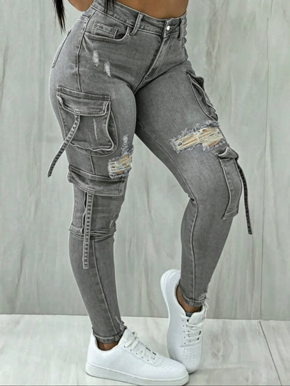 Y2K Womenswear Streetwear Multi-pocket Cropped Work Stretchy Skinny Cargo Denim Jeans Pants