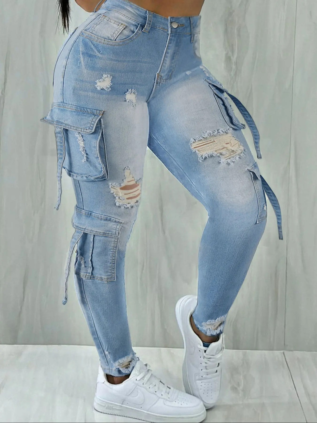 Y2K Womenswear Streetwear Multi-pocket Cropped Work Stretchy Skinny Cargo Denim Jeans Pants