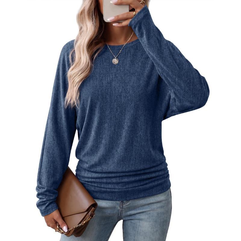 Womens Long Sleeve Shirts Ruched Hem Fall Tops Lightweight Sweaters