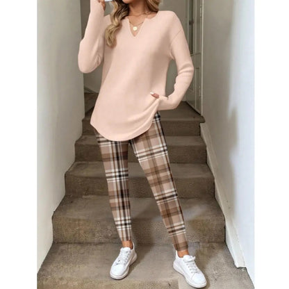 Women's 2-Piece Lounge Set – Long Sleeve Top & Plaid Leggings
