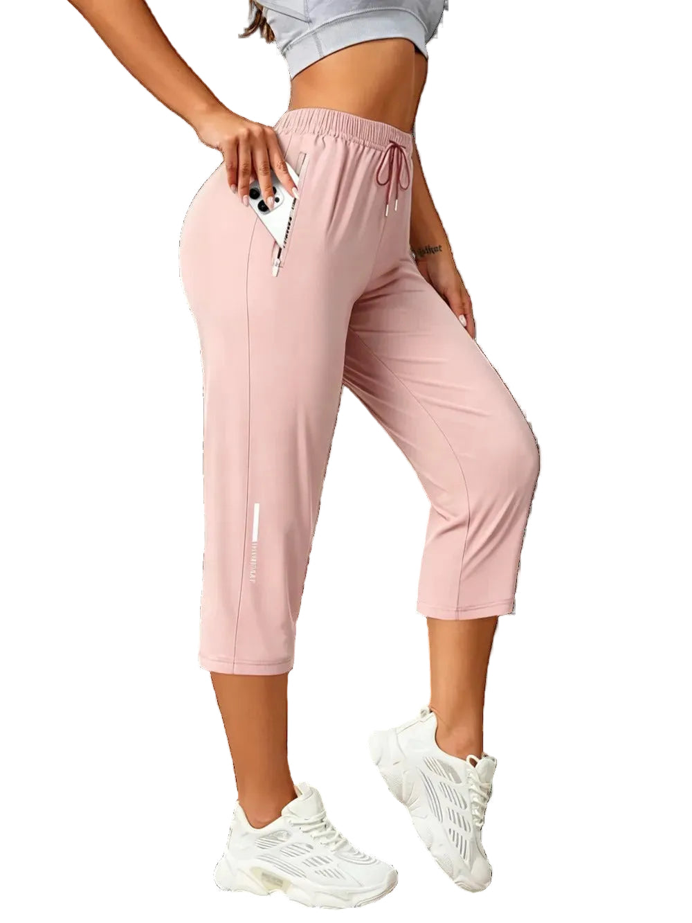 Women's Capris Pants - Loose Fit, Summer Drawstring Waist, Zippered Pockets, Breathable High-Stretch Fabric, Suitable for Everyday Wear