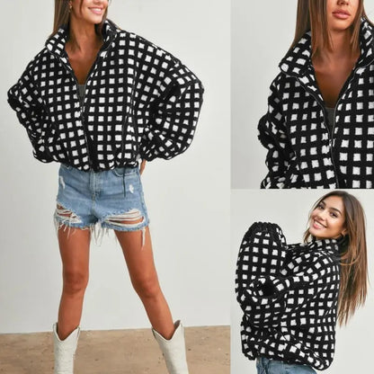 Women Winter Fleece Jacket Plaid Fleece Warm Coat Long-sleeve Zippered Sherpa Jacket with Pockets
