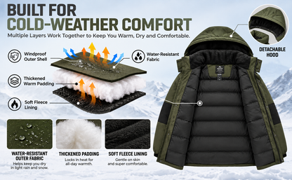 Men's Winter Coat Hooded Fleece Lined Color Block Jacket，Removable Hood, Windproof Padding
