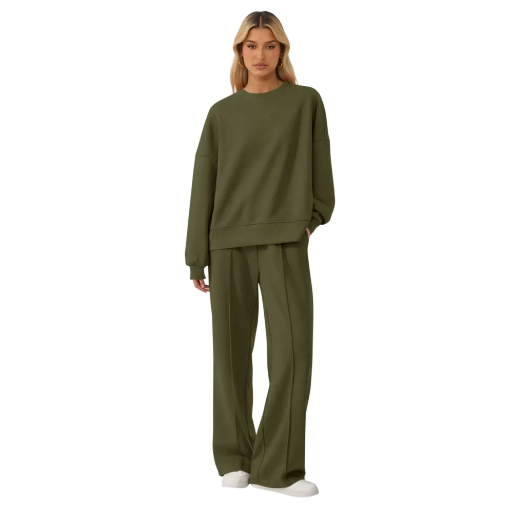 Women's Cozy Round Neck Top & Wide Leg Trousers Two Piece Outfits