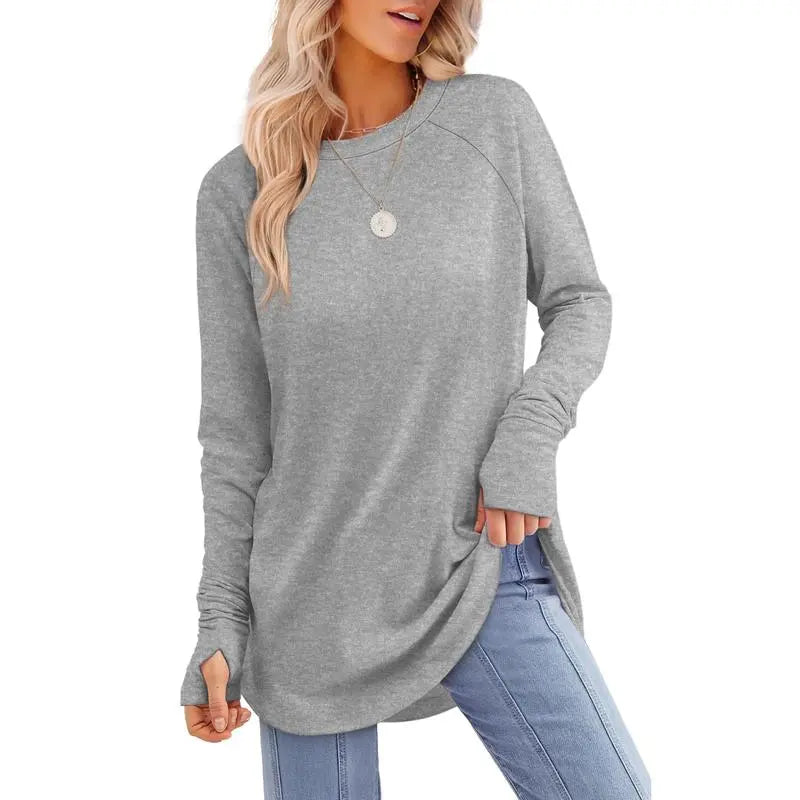 Women's Casual Long Sleeve Tops Crew Neck Round Hem Loose T-Shirts Tunic Tops with Thumb Holes