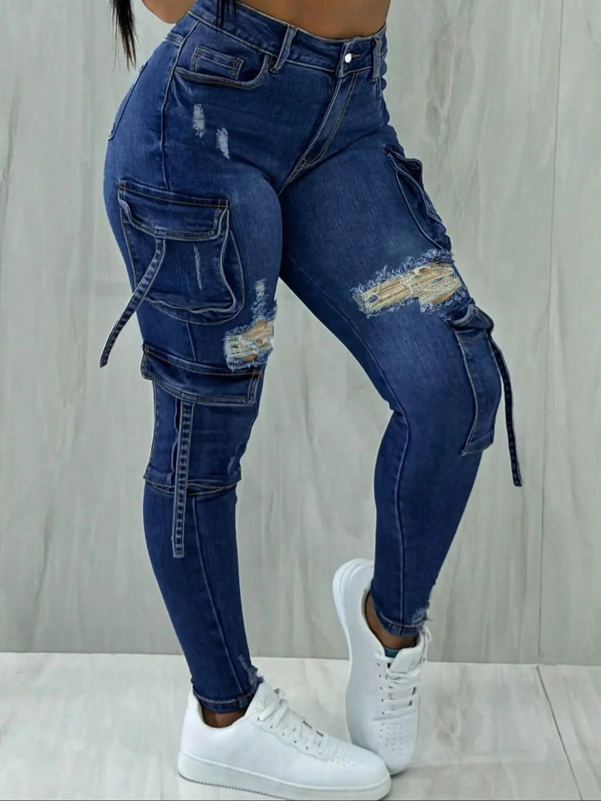 Y2K Womenswear Streetwear Multi-pocket Cropped Work Stretchy Skinny Cargo Denim Jeans Pants
