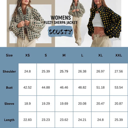 Women Winter Fleece Jacket Plaid Fleece Warm Coat Long-sleeve Zippered Sherpa Jacket with Pockets