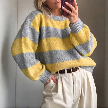 Retro Color Block Stripe Sweater, Oversized Knit Top