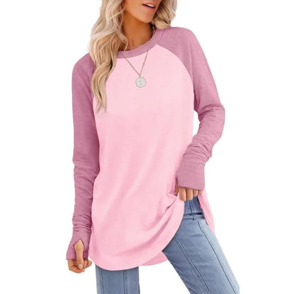 Women's Casual Long Sleeve Tops Crew Neck Round Hem Loose T-Shirts Tunic Tops with Thumb Holes
