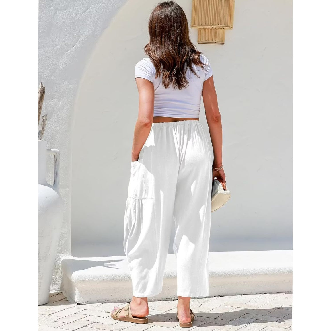 Womens Linen Wide Leg Pants Casual Loose Drawstring Low Waist Beach Palazzo Harem Pants with Pockets