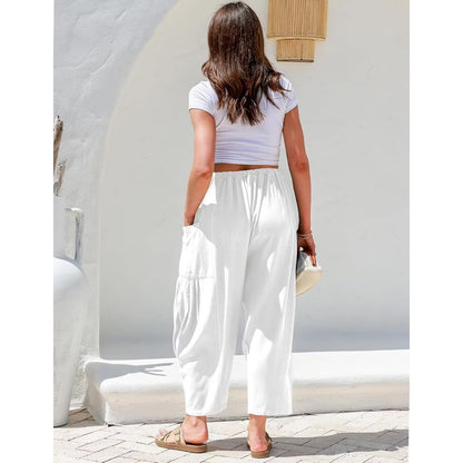 Womens Linen Wide Leg Pants Casual Loose Drawstring Low Waist Beach Palazzo Harem Pants with Pockets