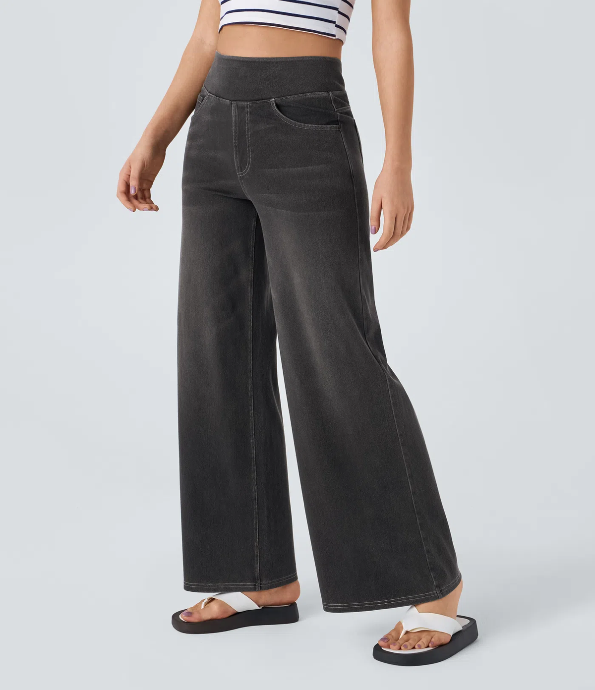 💝Last Day Promotion⚡High Waisted Multiple Pockets Baggy Wide Leg Washed Stretchy Knit Casual Jeans
