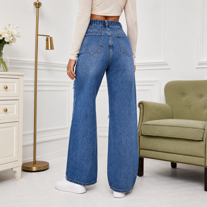 Women's High Rise Ripped Wide Leg Jeans