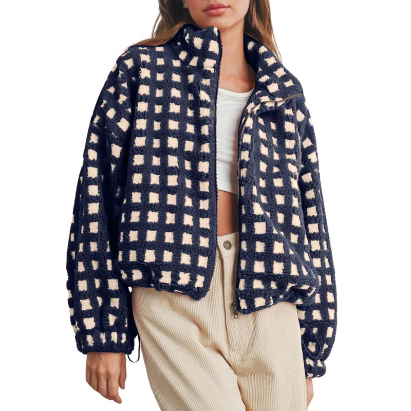 Women Winter Fleece Jacket Plaid Fleece Warm Coat Long-sleeve Zippered Sherpa Jacket with Pockets