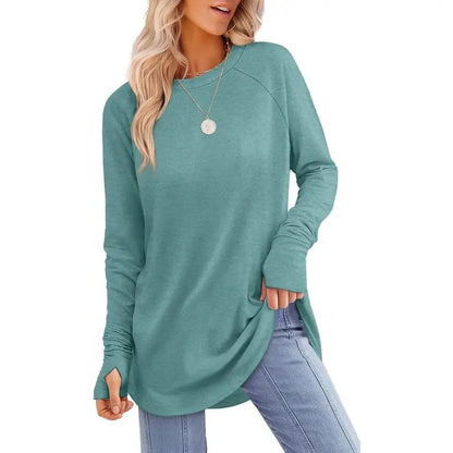 Women's Casual Long Sleeve Tops Crew Neck Round Hem Loose T-Shirts Tunic Tops with Thumb Holes