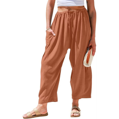 Womens Linen Wide Leg Pants Casual Loose Drawstring Low Waist Beach Palazzo Harem Pants with Pockets