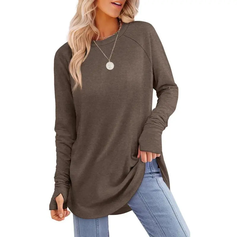 Women's Casual Long Sleeve Tops Crew Neck Round Hem Loose T-Shirts Tunic Tops with Thumb Holes