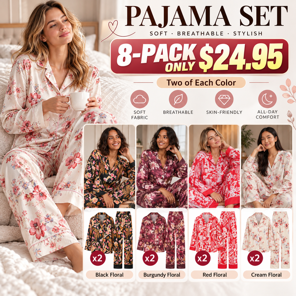 Women's Fall Loungewear Set：Stripe/Plaid/Stripe Print Long Sleeve Lapel Button Tops Long Pants Fall