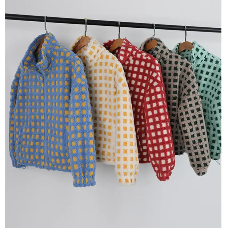 Women Winter Fleece Jacket Plaid Fleece Warm Coat Long-sleeve Zippered Sherpa Jacket with Pockets