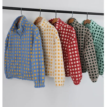 Women Winter Fleece Jacket Plaid Fleece Warm Coat Long-sleeve Zippered Sherpa Jacket with Pockets