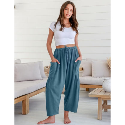Womens Linen Wide Leg Pants Casual Loose Drawstring Low Waist Beach Palazzo Harem Pants with Pockets