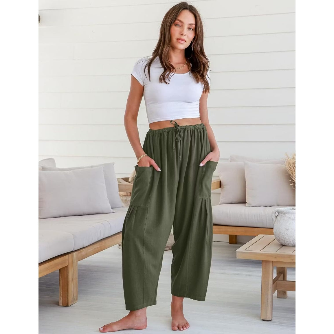 Womens Linen Wide Leg Pants Casual Loose Drawstring Low Waist Beach Palazzo Harem Pants with Pockets
