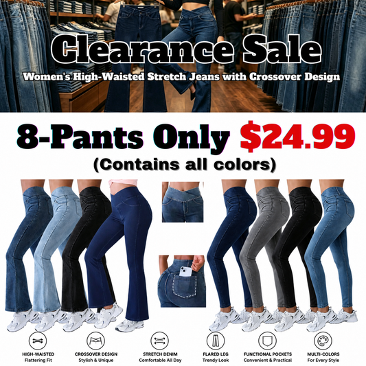 Women's High-Waisted Stretch Jeans with Crossover Design — Slim-Fit Flared Denim Leggings