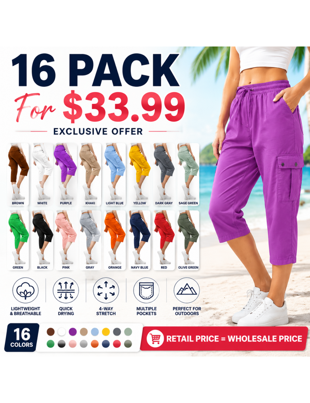 🔥Women's Cargo Capris Lightweight Hiking Pants Shorts Cropped Cotton