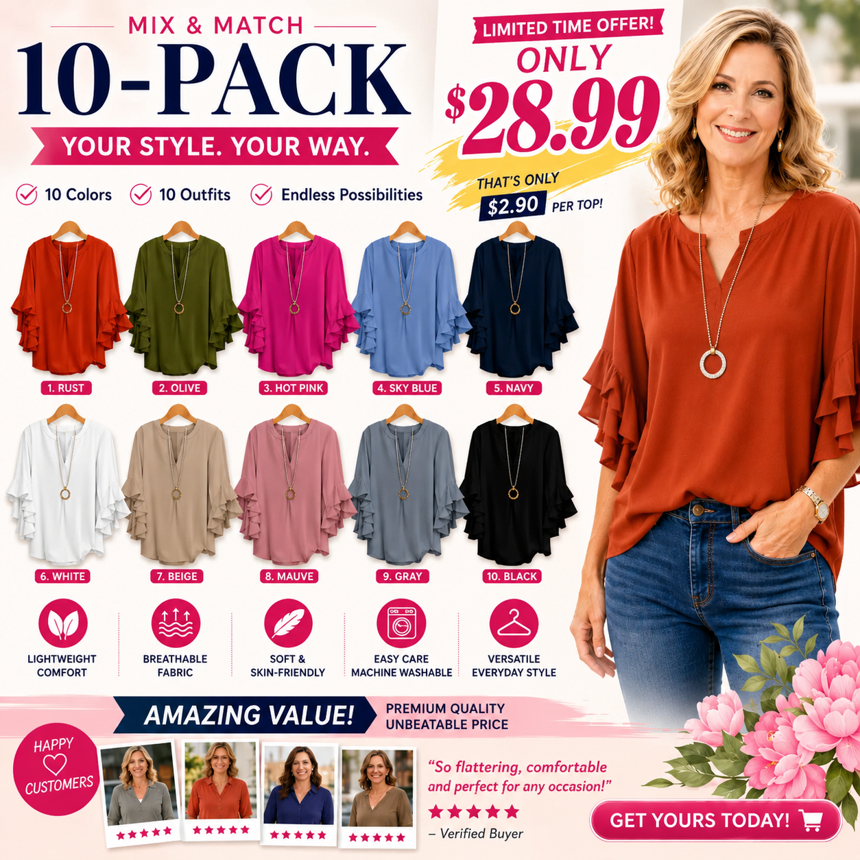 Plus Size Ruffle Sleeve V-Neck Blouse – Flowy, Flattering & Comfortable Everyday Top