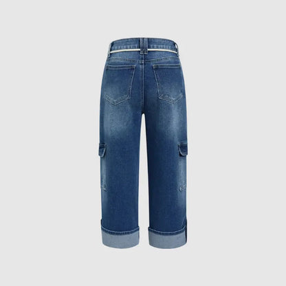 Drawstring Flap Pocket Roll Hem High Waist Straight Leg Crop Jeans