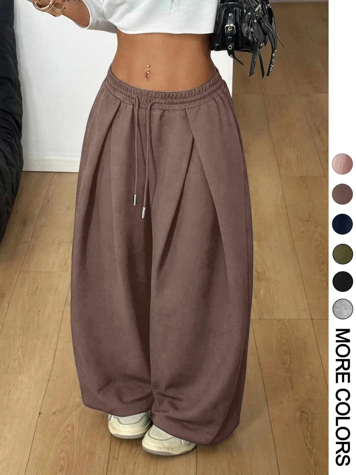 Women Elastic Waist Cuffed Jogger Pants, High Waist Baggy Wide Leg Sweatpants With Drawstring Ankle