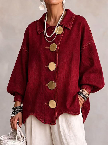 Collared Oversized Denim Jacket With Large Metal Buttons