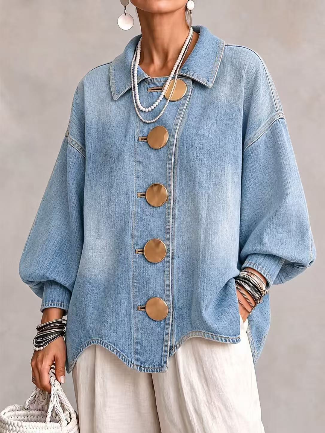 Collared Oversized Denim Jacket With Large Metal Buttons