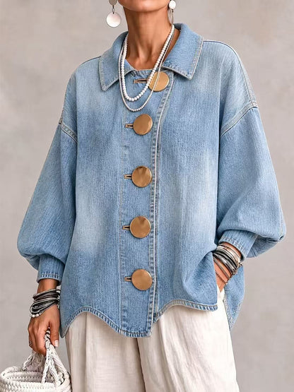 Collared Oversized Denim Jacket With Large Metal Buttons