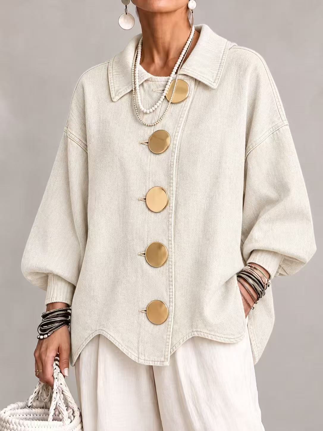 Collared Oversized Denim Jacket With Large Metal Buttons